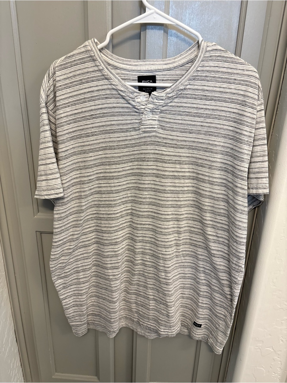 RVCA Men’s Short Sleeve Striped Henley Tee in White and Gray